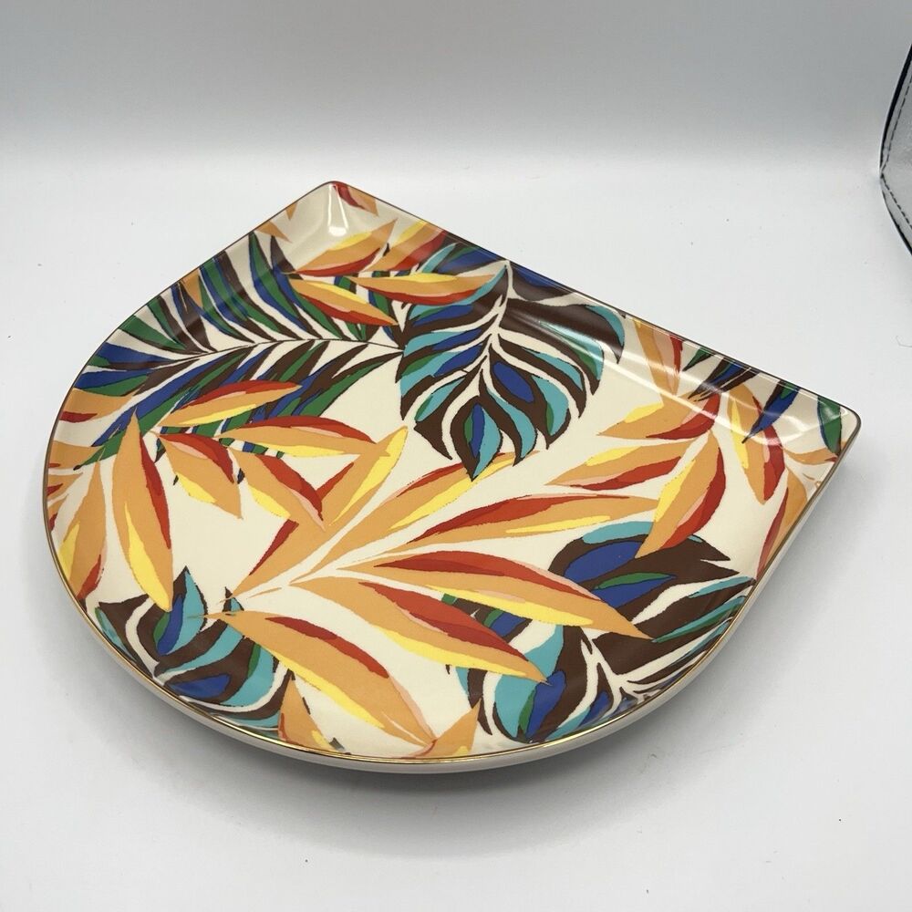 Tabitha Brown Serving Platter Appetizer Tray Yellow Blue Palm Leaves Gold Trim